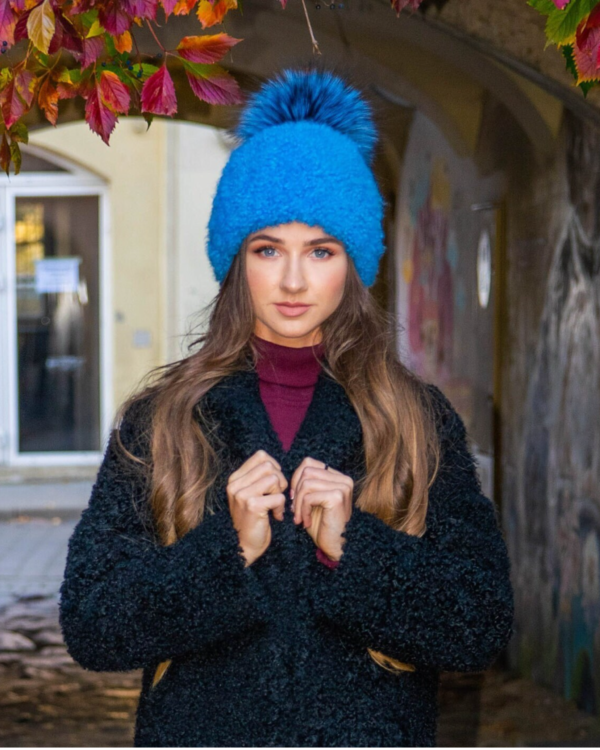 Women's Blue Lamb's Wool Hat with Fox Fur Pom-Pom