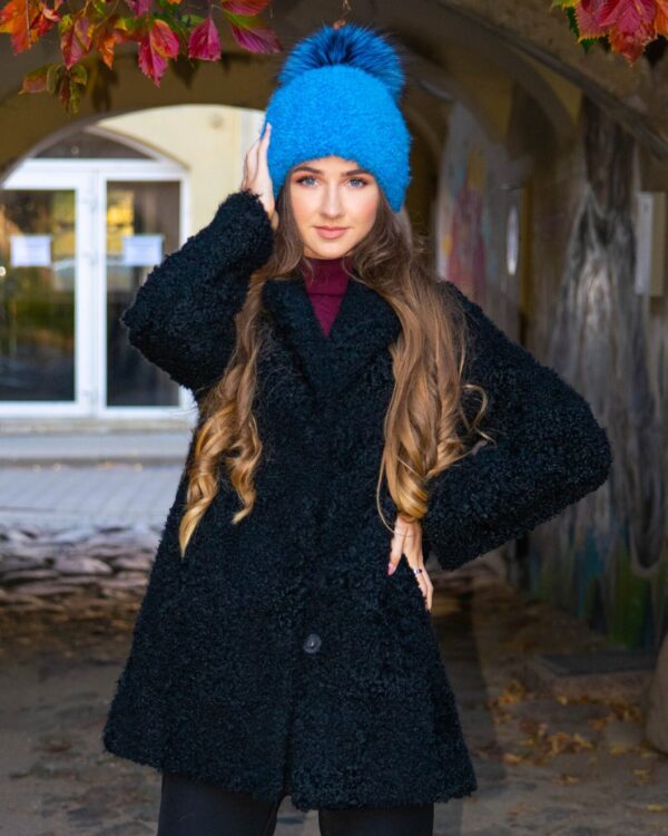 Women's Blue Lamb's Wool Hat with Fox Fur Pom-Pom
