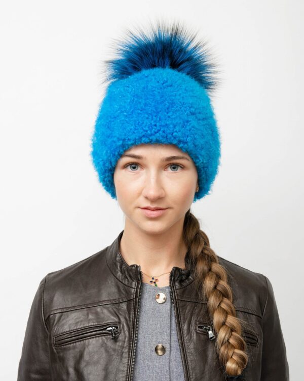 Women's Blue Lamb's Wool Hat with Fox Fur Pom-Pom