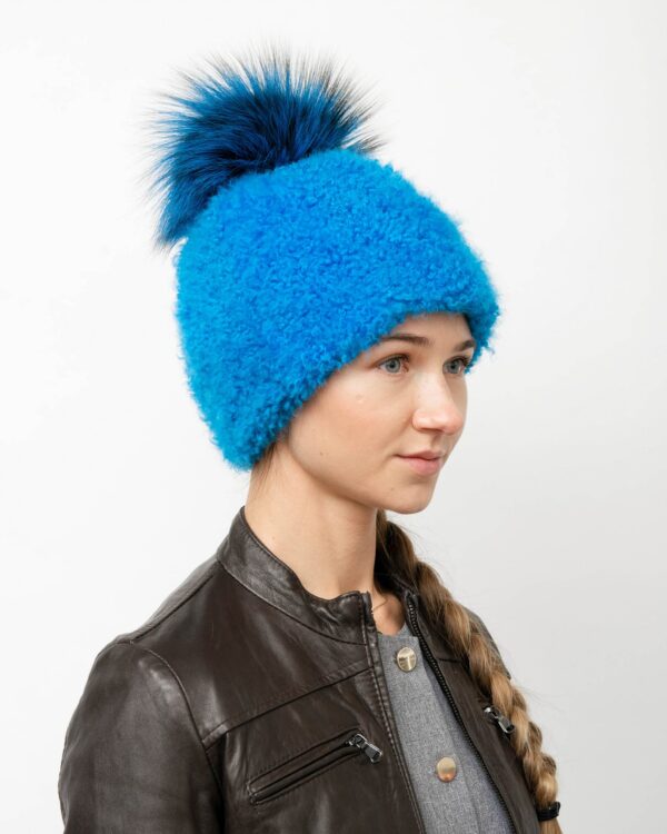 Women's Blue Lamb's Wool Hat with Fox Fur Pom-Pom