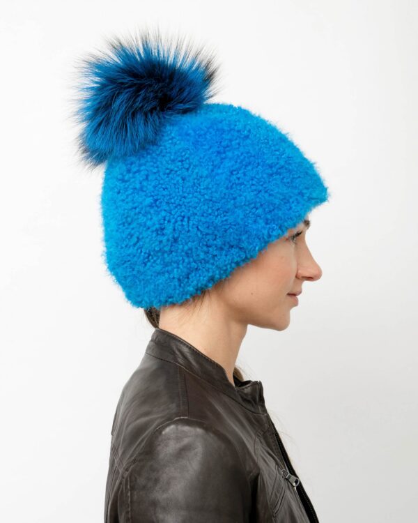 Women's Blue Lamb's Wool Hat with Fox Fur Pom-Pom