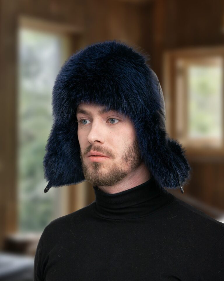 Mens Dark Blue Fox Fur Trapper Hat - Men's Dark Blue Fox Fur Trapper Hat