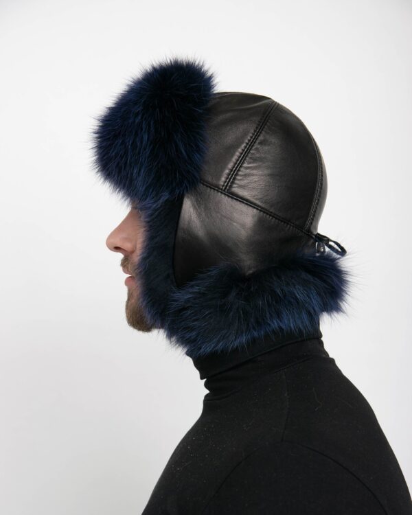 Men's Dark Blue Fox Fur Trapper Hat