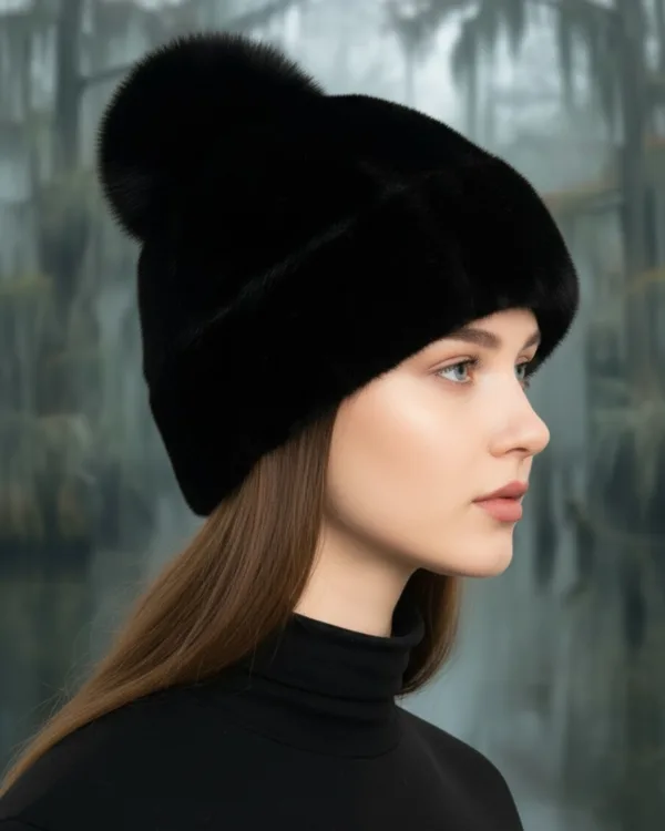 Women's Black Mink Fur Hat With Fur Pom-Pom