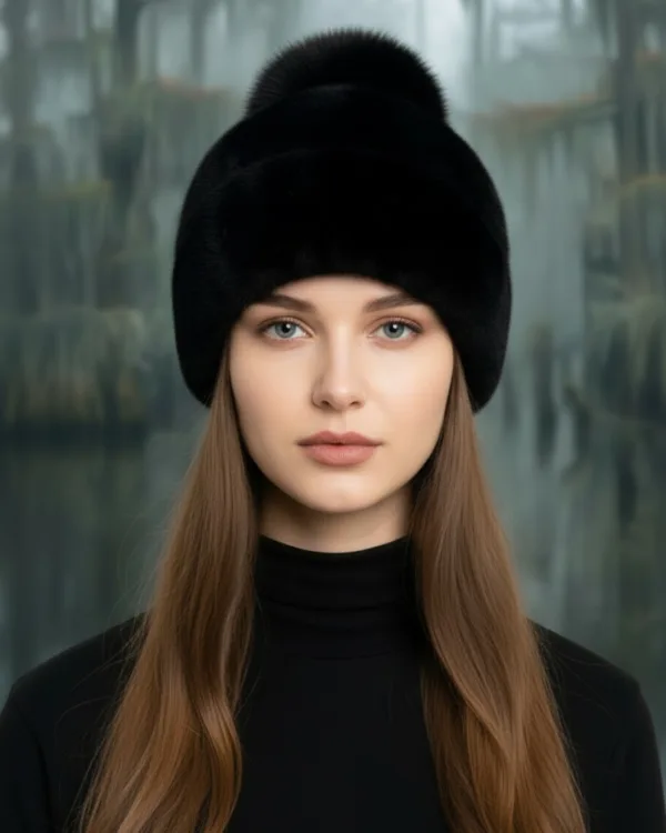 Women's Black Mink Fur Hat With Fur Pom-Pom