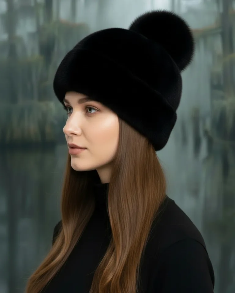 Women's Black Mink Fur Hat With Fur Pom-Pom